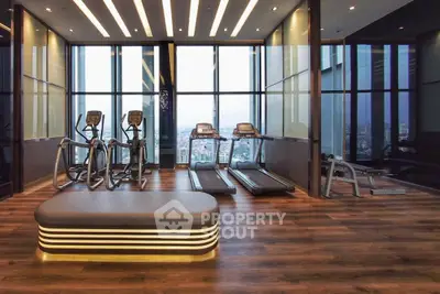 Luxurious high-rise gym with panoramic city views and modern equipment.