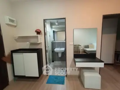 Modern apartment interior with bathroom and stylish furniture