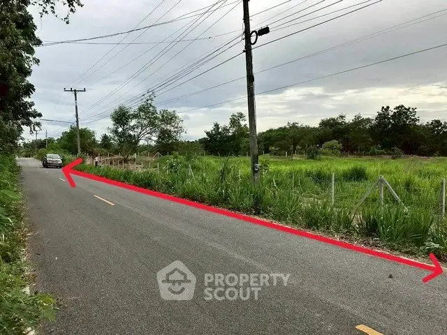 Scenic rural road with lush greenery and open fields, ideal for real estate development.