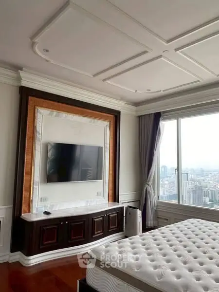 Luxurious bedroom with city view and elegant decor
