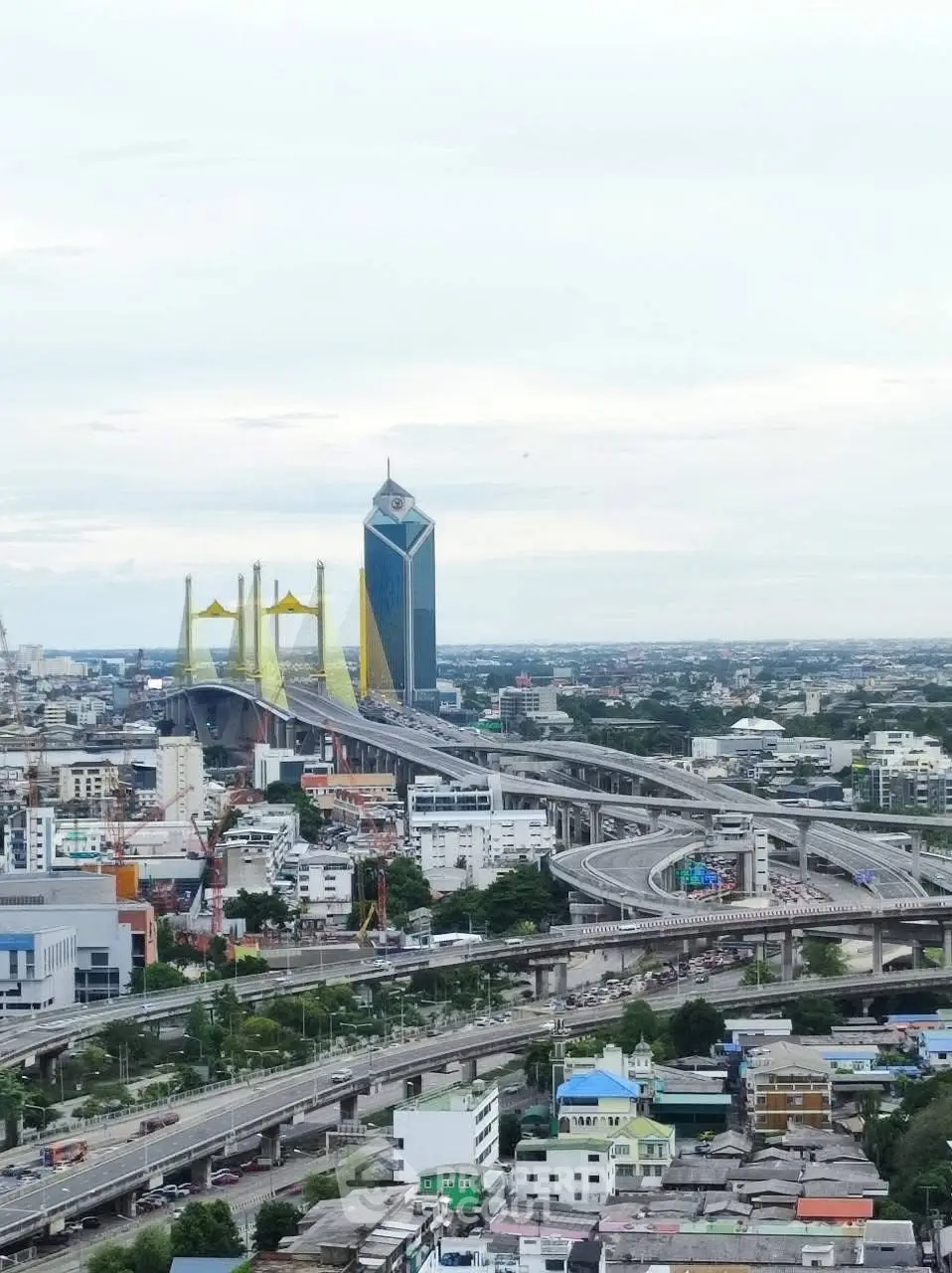 Stunning cityscape view featuring iconic bridge and modern skyscraper, ideal for urban real estate investments.