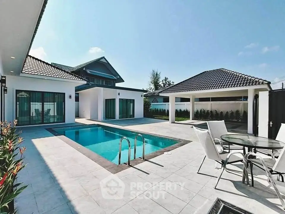 Luxurious modern villa with private pool and spacious patio, perfect for outdoor relaxation and entertainment.