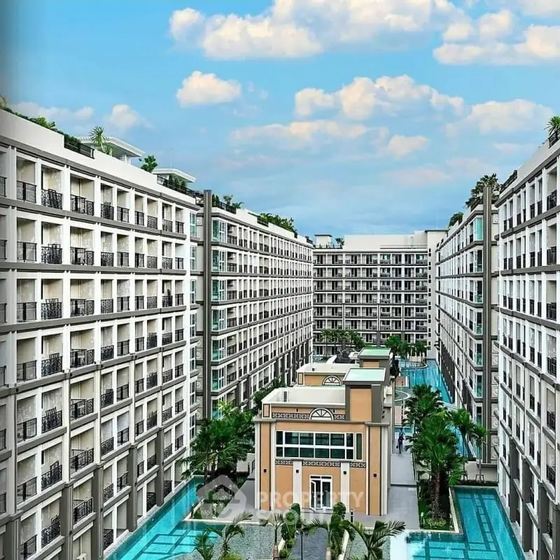 Luxurious apartment complex with stunning architecture and pool view