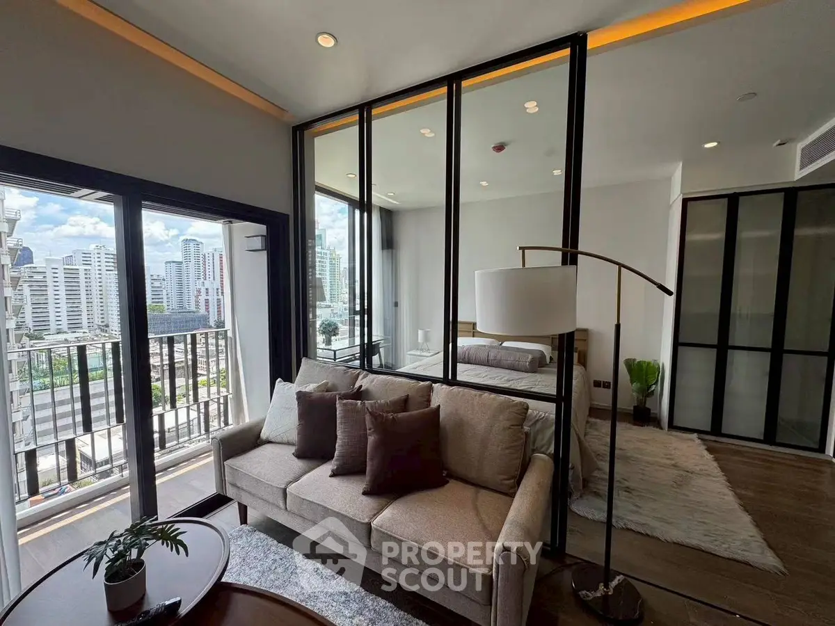 Modern living room with city view and stylish decor in urban apartment