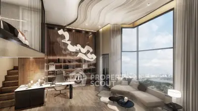 Luxurious modern living room with panoramic city view and stylish decor