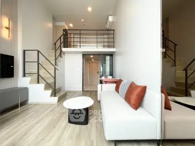 Modern duplex living room with stylish decor and mezzanine level