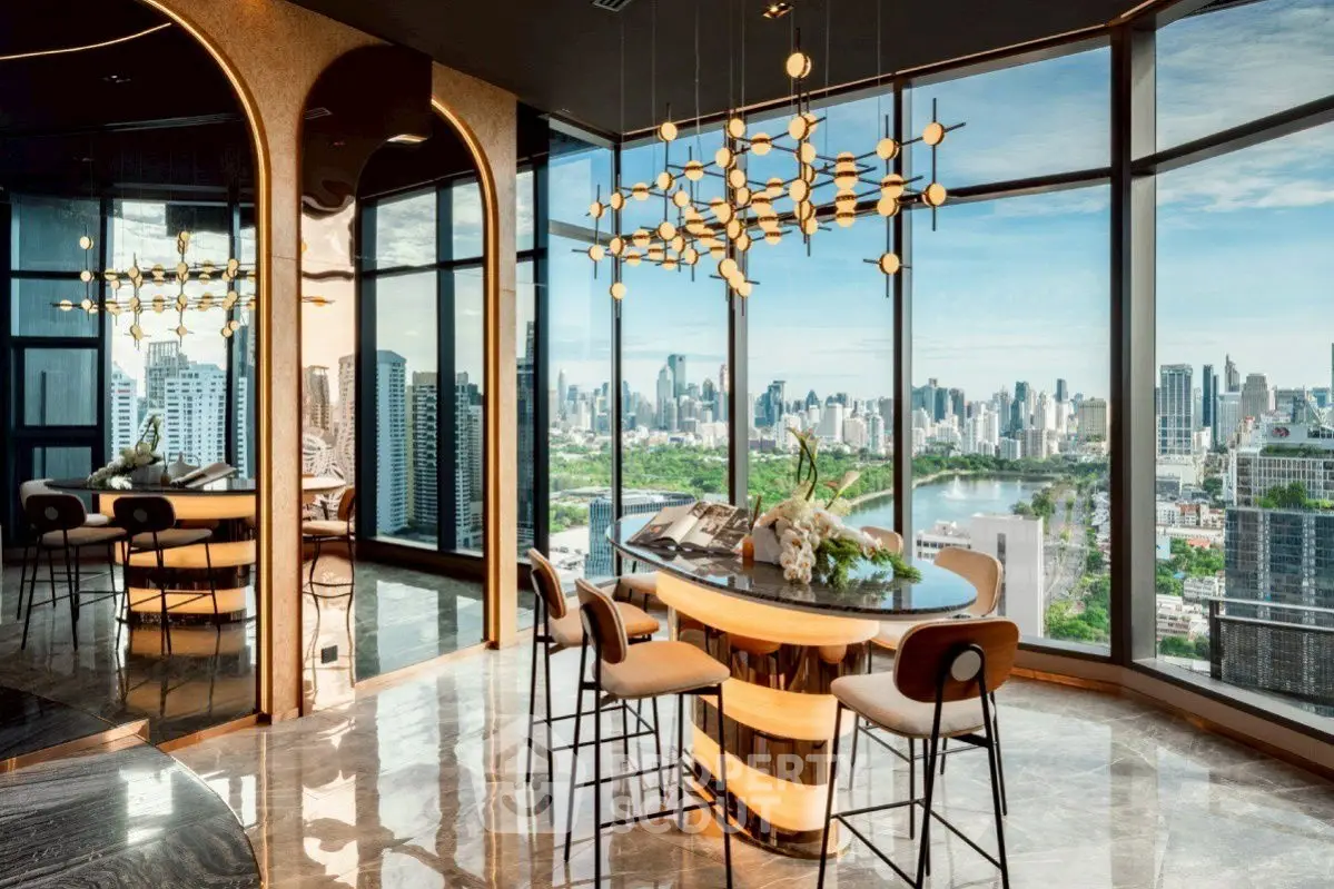 Luxurious high-rise apartment with stunning city skyline view and modern interior design.