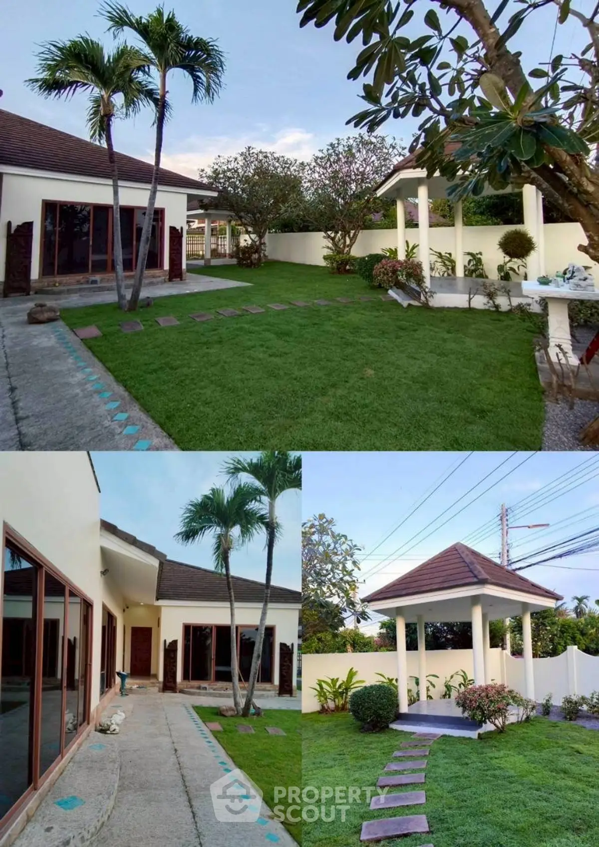 Charming tropical garden with lush greenery and modern architecture