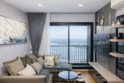 Luxurious living room with stunning city view and modern decor