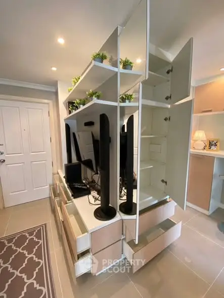 Modern living room with stylish storage and decor