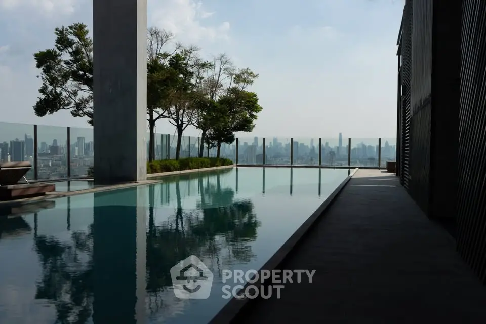 Luxurious rooftop pool with stunning city skyline view, perfect for relaxation and leisure.