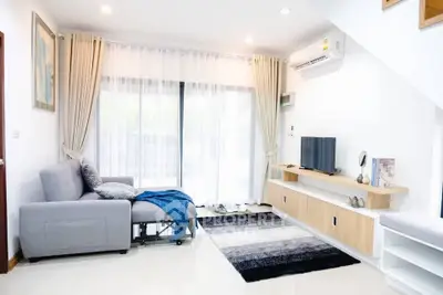 Modern living room with sleek furniture and natural light