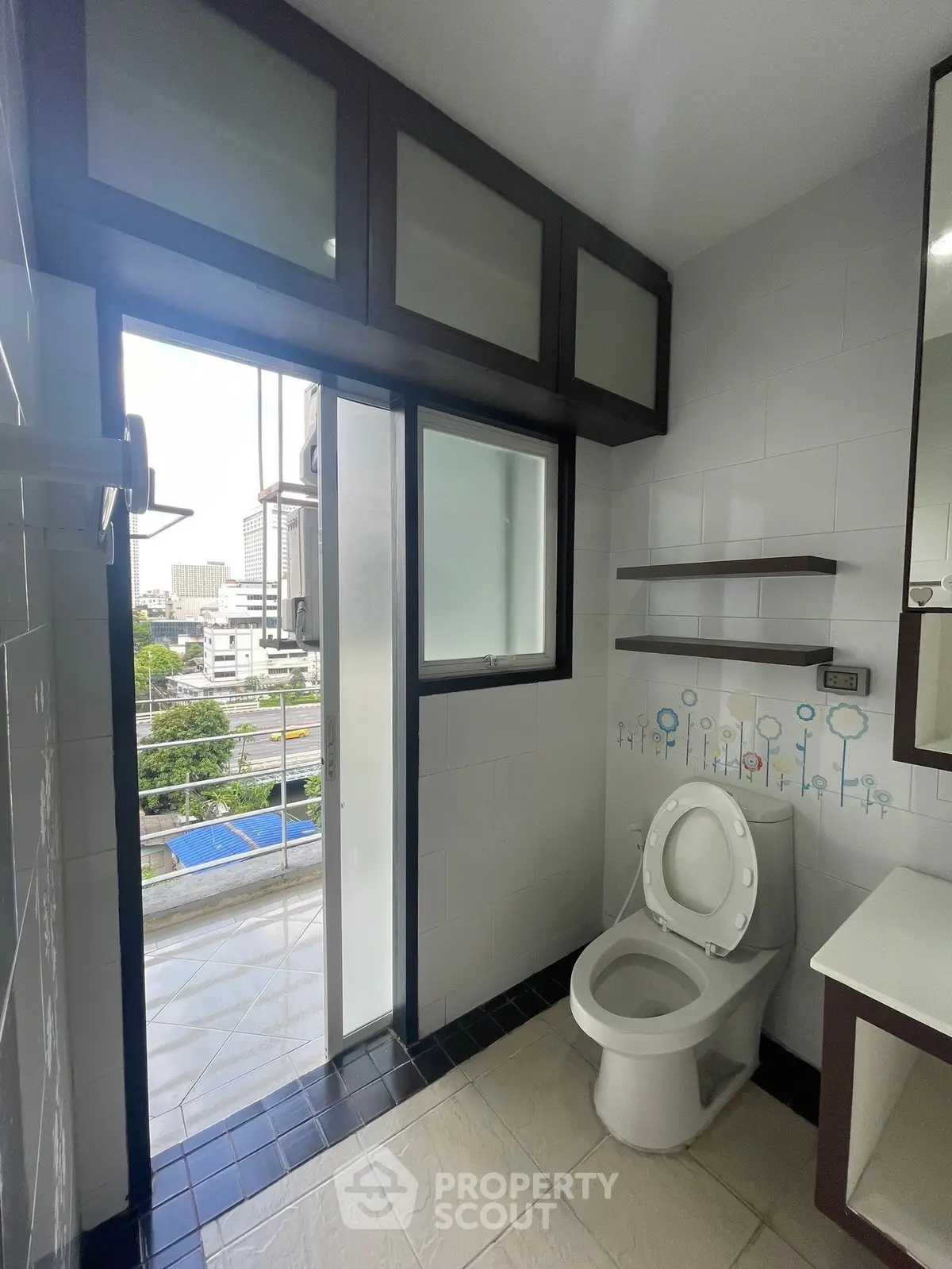 Modern bathroom with city view and sleek design