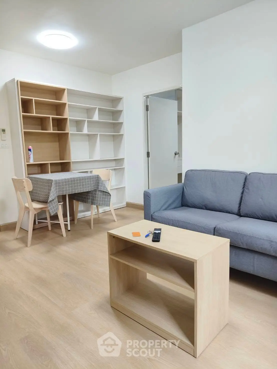 Modern living room with stylish furniture and ample shelving in a cozy apartment.