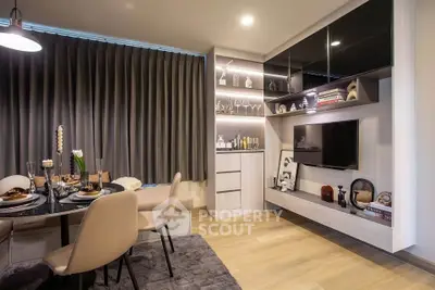 Modern living room with stylish decor and built-in shelving