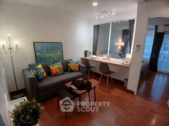 Stylish living room with vibrant decor and cozy seating area