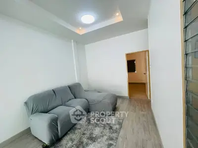 Modern living room with cozy gray sofa and stylish ceiling light