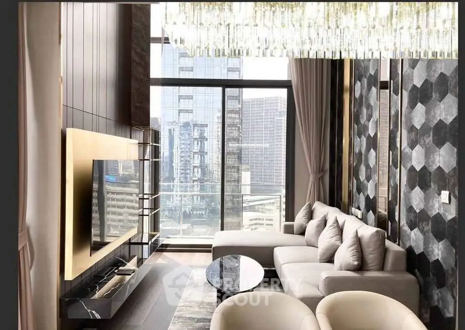 Luxurious modern living room with stunning city view and elegant decor