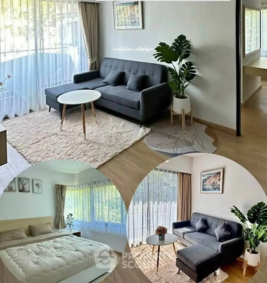Modern living room with large windows and cozy bedroom in stylish apartment.