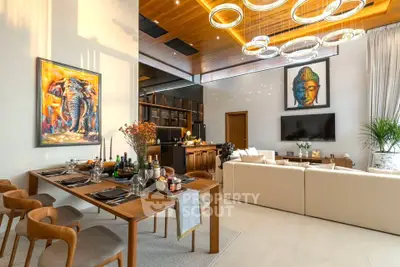 Luxurious modern living room with high ceilings, elegant dining area, and stylish decor.