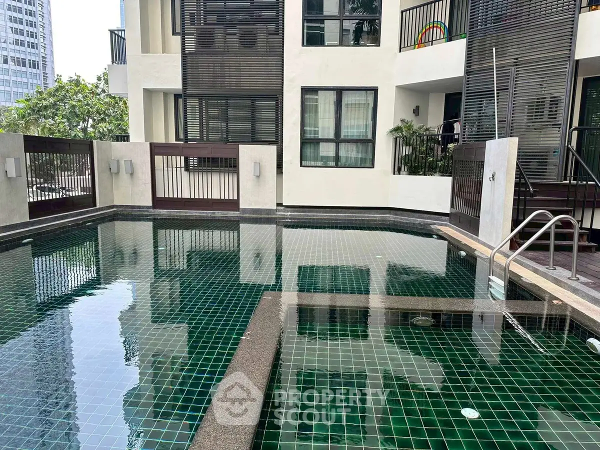 Luxurious apartment complex with modern pool and sleek architectural design.