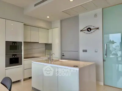 Modern kitchen with sleek white cabinetry and city view