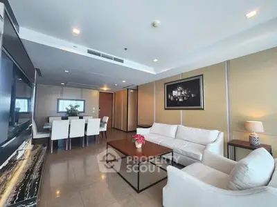 Spacious modern living room with elegant dining area and stylish decor