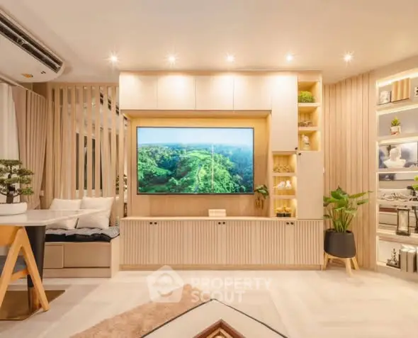 Modern living room with built-in entertainment center and stylish decor