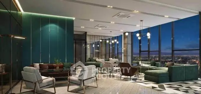 Luxurious modern living room with panoramic city views and elegant furnishings.