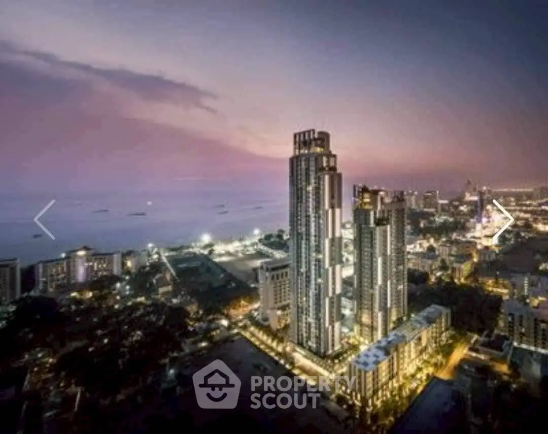 Stunning high-rise building with breathtaking city and ocean view at sunset.