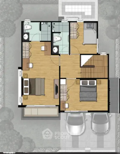 Modern floor plan showcasing a spacious two-bedroom layout with open living area and two bathrooms.