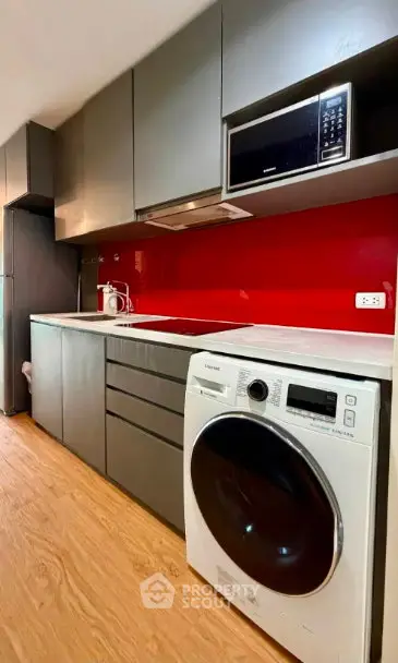Modern kitchen with sleek cabinetry, red backsplash, and built-in appliances including washing machine and microwave.