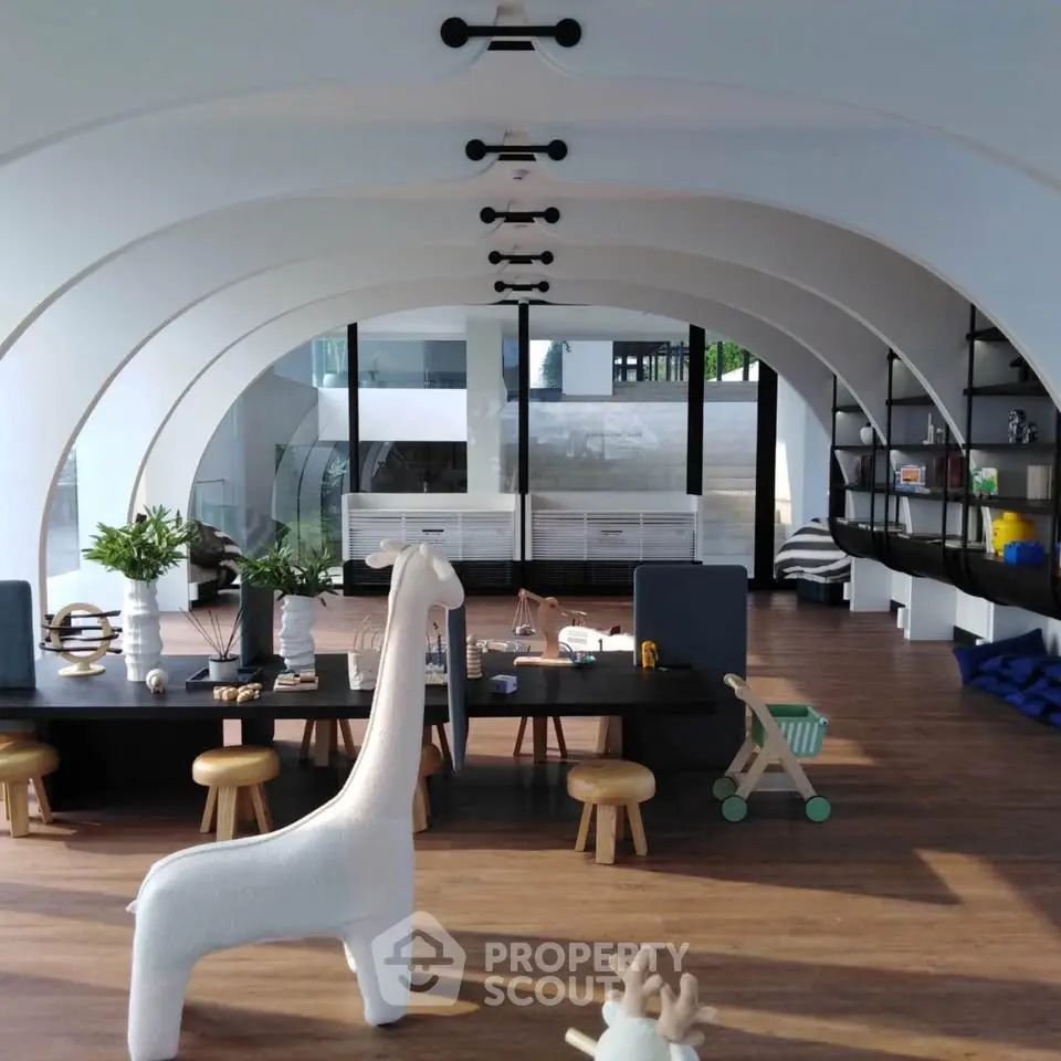 Modern living room with unique architectural design and stylish furniture