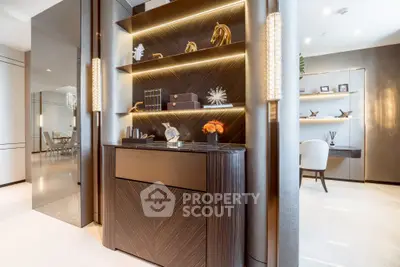 Luxurious modern interior with elegant shelving and stylish decor in a sophisticated living space.