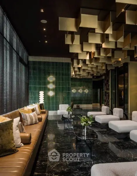 Luxurious modern living room with unique ceiling design and elegant decor