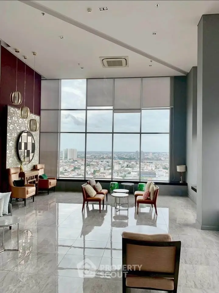 Luxurious high-rise lounge with panoramic city views and elegant seating.