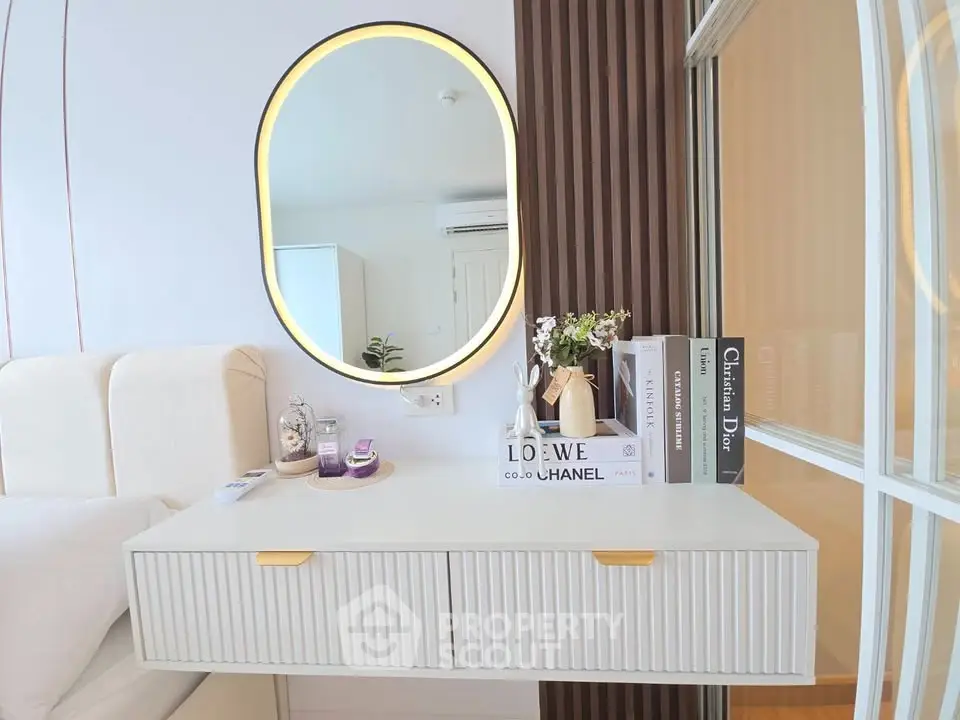 Stylish bedroom with modern decor and elegant floating shelf