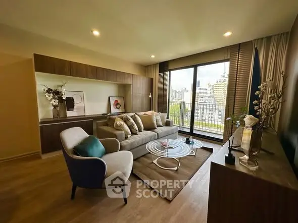 Spacious modern living room with city view and elegant decor