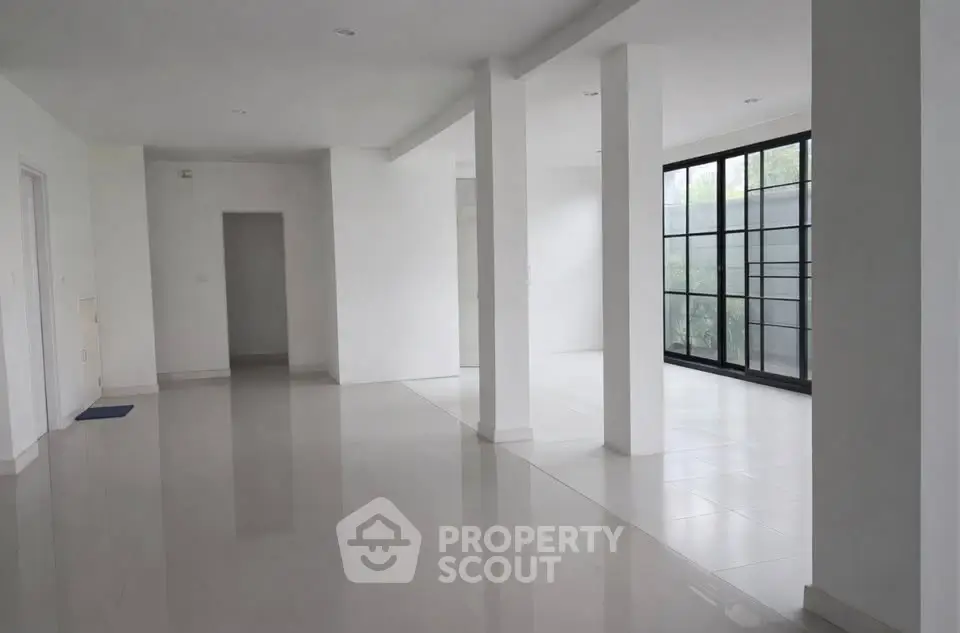 Spacious modern living room with large windows and sleek white interior design.