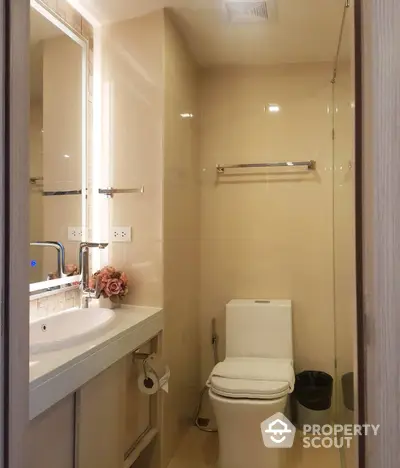 Elegant and compact bathroom with modern fixtures, neutral color palette, and well-lit mirror creating a serene and functional space.