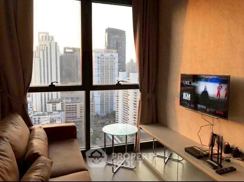 Modern living room with stunning city view and wall-mounted TV