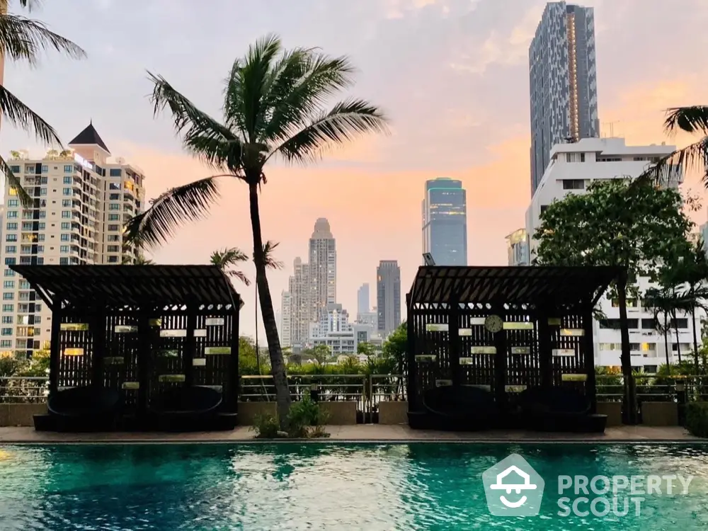 Luxurious rooftop pool with stunning city skyline view at sunset