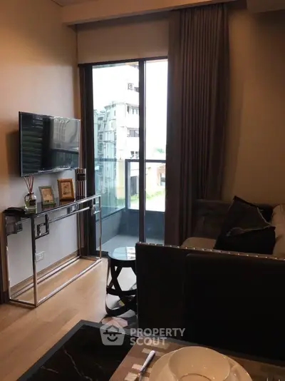Modern living room with balcony view and stylish decor