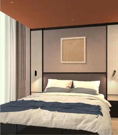 Modern bedroom with stylish decor and cozy ambiance, featuring a comfortable bed and elegant wall art.