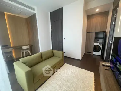 Modern living room with green sofa, cozy rug, and built-in washing machine