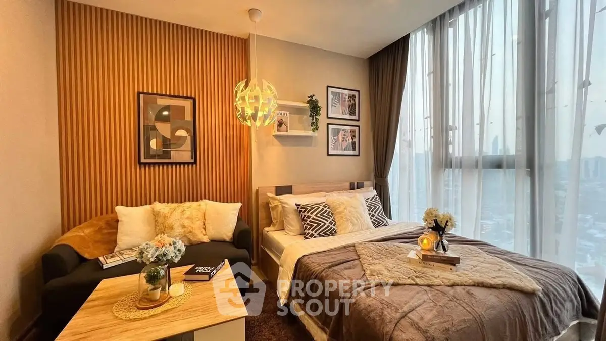 Luxurious bedroom with modern decor and stunning city view