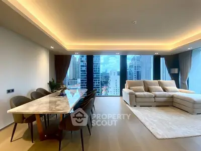 Luxurious modern living room with panoramic city views and elegant dining area.
