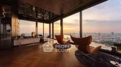 Luxurious high-rise living room with panoramic city views and elegant modern decor.