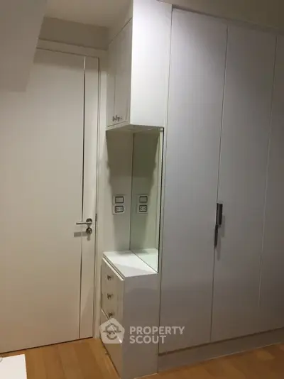 Modern storage space with sleek white cabinets and wooden flooring