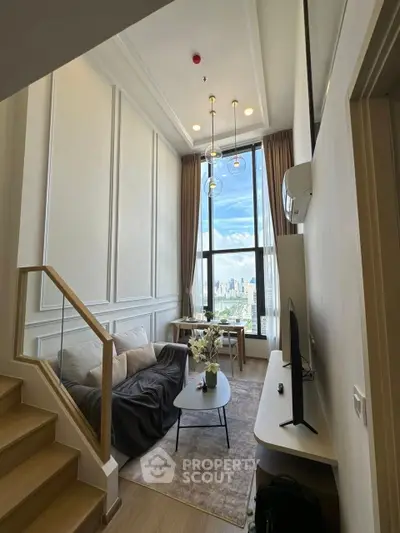 Modern living room with high ceiling and city view, featuring elegant decor and natural light.